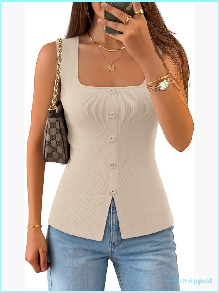 Sleeveless Sweater Vest Square Neck Ribbed Knit Slim Fit Tank Top